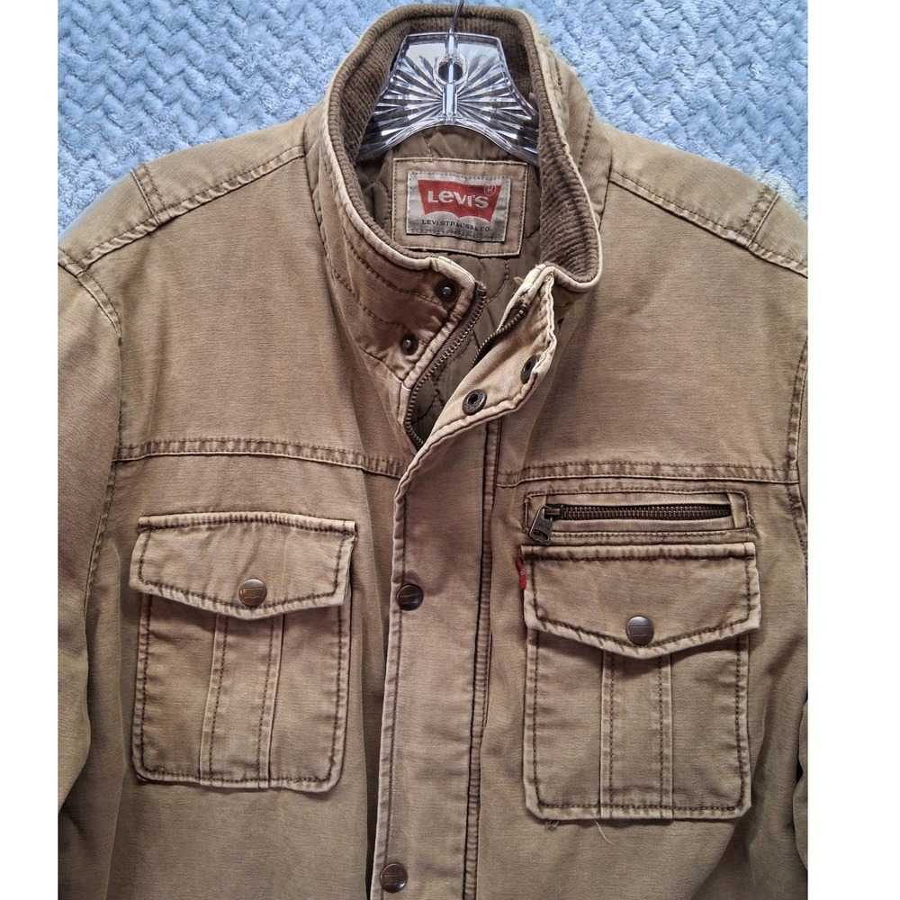 Levis Mens Khaki Tan Cotton Canvas Quilted Field Jacket Military Utility Large